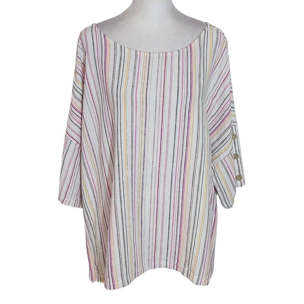 Chico's Pink Striped Linen Oversized Striped Blouse Size XL Chico's Stripe Top